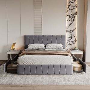 Tanant - Lit double tiroir 160x200cm - avec 4 tiroirs de rangement et tête de lit, sommier à lattes, velours, lit adulte Scandinave - Gris