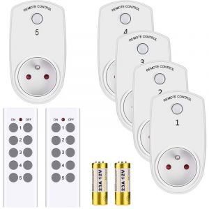Lot de 5 Prises T&eacute;l&eacute;command&eacute;es Intelligentes avec 2 T&eacute;l&eacute;commandes Plug and Play Prise Europ&eacute;enne sans Fil Pile non Incluse Contr&ocirc;ler &agrave; Distance par