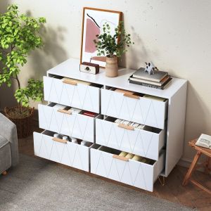 Commode avec 6 Tiroirs, Meuble de Rangement avec Pieds et Poignées en Métal Doré, Armoire Blanche avec Tiroirs, Commode à Tiroirs pour Salon, Chambre