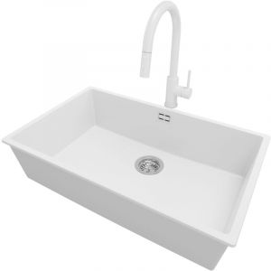 Primagran - Evier Sous Plan 76x47cm, Evier en Granit 1 bac + Robinet 40x20cm + Kit de Vidage, &Eacute;vier au meuble 80cm - London, Blanc