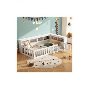 Lit simple 90x200 cm lit enfant, lit au sol avec chevet de rangement, barri&egrave;re et prise USB, en MDF, blanc, sans matelas