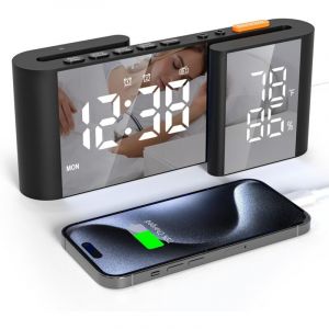 Radio Réveil avec Double Écran LED, Réveil Numérique de Chevet avec Température et Humidité Réglables, Reveil Matin avec 2 Alarmes, Snooze,Luminosité