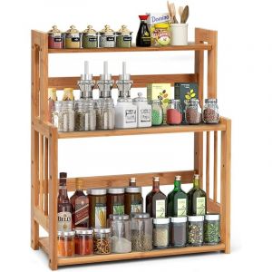 Etagere a Epices en Bambou Naturel, Porte-Epice a 3 Niveaux avec Tablette Reglable en Hauteur, Etagere de Rangement pour Cuisine et Salle de Bain,