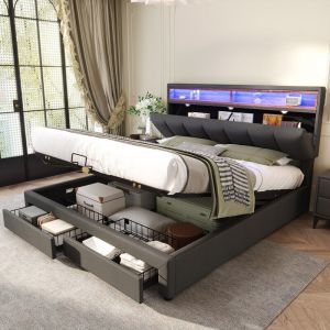 Lit rembourr&eacute; 160 x 200 cm avec &eacute;clairage LED,lit coffre avec tiroirs et compartiments de rangement,t&ecirc;te de lit en mousse escamotable,gris