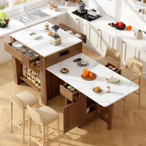 Bar Table Extensible Avec Rangement, 2-6 Personnes, Plateau En Marbre, 2 Étagères, Noyer - Roomfitters