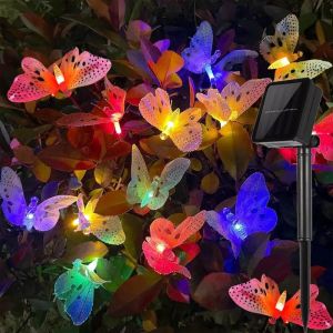 Guirlande lumineuse solaire d'extérieur à 12 LED, multicolore, motif papillon, 8 modes, étanche, décorative, pour jardin, balcon, terrasse, Noël