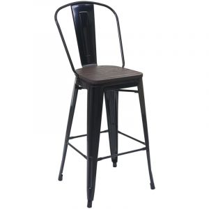 HHG - Tabouret 896, avec si&egrave;ge en bois et dossier, m&eacute;tal, style industriel,, noir