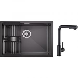 Cecipa Max - vier 1 Bac 60×44CM Évier Cuisine Inox avec Panier de Drainage + Noir Mitigeur de Cuisine avec Douchette Extractible 2 Modes de pulvérisat