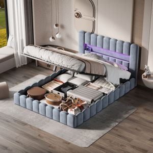 Lit Coffre 180x200cm avec LED et USB/Type-C, Lit Double Rembourr&eacute;180x200 avec Rangement Hydraulique, Lit 180x200 avec Coffre de Lit et Sommier Cadre