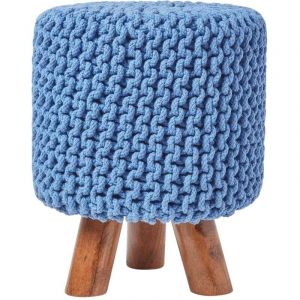 Homescapes - Pouf tress&eacute; en tricot et pieds en bois - Bleu