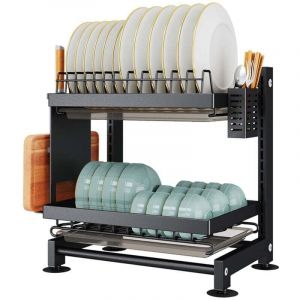Egoutoire Vaisselle Cuisine &agrave; 2 Niveaux, &Eacute;gouttoir Vaisselle Noir, &Eacute;gouttoir Vaisselle en INOX, &Eacute;gouttoir &agrave; Vaisselle avec Porte-ustensiles et bac