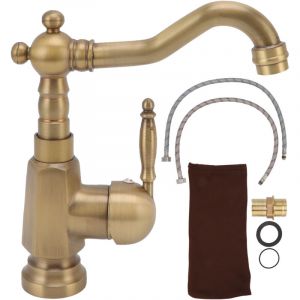 Robinet d'&eacute;vier de salle de bains Robinet mitigeur de vanit&eacute; en laiton antique Robinet mitigeur de lavabo &agrave; poign&eacute;e unique avec tuyaux pour la maison