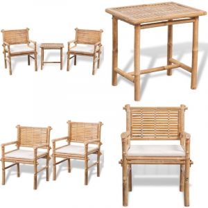 Mobilier de bistro 3 pcs avec coussins Bambou - Ensemble Salon De Jardin - Mobilier De Jardin - Table Et Chaises - Table Basse - Chaise Pliante