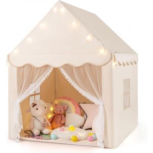 COSTWAY Tente de Jeux pour Enfants avec Lumi&egrave;res &Eacute;toiles & Tapis Lavable en Coton, Cabane Enfant Interieur avec Rideau & 2 Fen&ecirc;tres, Ch&acirc;teau de