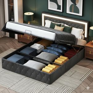 Lit 180x200cm - Lit Coffre 180 / Lit Double Capitonn&eacute;e - T&ecirc;te de LitLED et Cadre de Lit Relevable &agrave; Boutons - en Velours - Noir