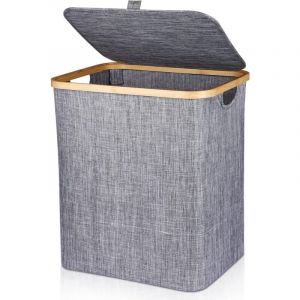 Panier à Linge 60L Corbeille à Linge Pliable Panier à Linge en Bambou Boîte à Linge avec Couvercle & Poignée, Panier à Linge Sale Rectangulaire pour