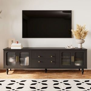 Neche - Meuble tv style Vintage,Meuble Télé avec 2 tiroirs + 2 grands compartiments de rangement,Porte en verre,177x38x53cm,Noir
