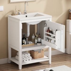Meuble sous-vasque simple 60 cm avec vasque en c&eacute;ramique et meuble de rangement, &eacute;tag&egrave;res, MDF, blanc