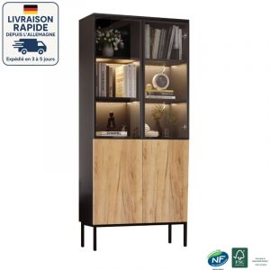 Vitrine 180 cm- MEUBLE COLONNE VITRINE SALON - Avec lumi&egrave;res LED, biblioth&egrave;que, vitrine de collection en verre &agrave; 5 couches, biblioth&egrave;que - Noir/Ch&ecirc;ne