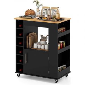 Desserte de Cuisine sur roulettes, Chariot Ilot de Cuisine Comptoir en Bambou, Casier à Vin pour 6 Bouteilles,44x76x89 cm (Noir)