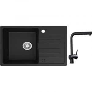 Cecipa - Evier 1 Bac avec Egouttoir, Evier de Cuisine en Quartz et R&eacute;sine 78x45cm Grande Capacit&eacute; Evier Noir + Robinets Cuisine avec Douchette