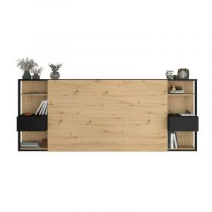 Parisot Tete de Lit avec étageres + chevets intégrés - Décor chene et noir - l 255 x p 36 x h 103 cm - white