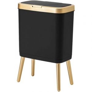 Poubelle de bureau avec couvercle, poubelle de salle de bain noire avec bord dor&eacute;, poubelle moderne &eacute;troite avec pieds 4 gallons