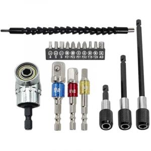 Le kit de rallonge flexible pour foret comprend une rallonge flexible pour foret &agrave; 105&deg;, trois adaptateurs de douille universels pour forets de 1/4