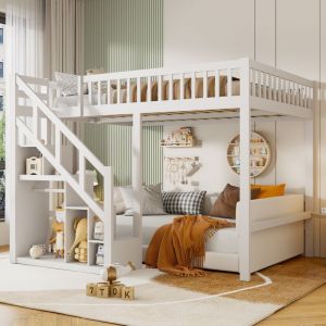 Dans Les Nuages - Lit superposé 140x200 cm, 2 places, avec armoire, escalier de rangement, sommier à lattes, clôture de sécurité, lit enfants