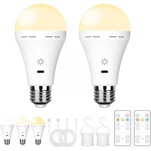Ampoule Rechargeable USB Avec T&eacute;l&eacute;commande, 3 Temp&eacute;ratures de Couleur, E27 LED Dimmable &agrave; Batterie, 5W Touch Control Avec Minuterie, Secours Avec