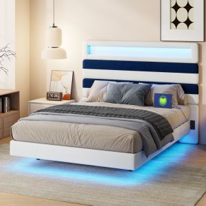 Lit capitonné 140x190, lit adulte 140x190, lit double avec port de chargement usb et éclairage led, cadre de lit, tête de lit rayée avec planches