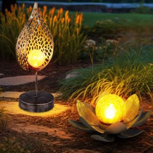 Lampe solaire Décoration de jardin led Lampe d'extérieur Lampadaire Lampe de table avec effet de feu Fleur de lotus, design de flamme, led, set de 2