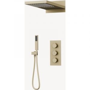 Kroos ® - Colonne de douche encastrable thermostatique avec pommeau double fonction pluie et cascade Doré brossé - Sirius