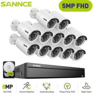 SANNCE 5MP Kit caméra de vidéosurveillance,Outdoor Security 4K H.265+ PoE NVR Video 16CH Audio 12Camera Video Surveillance System Set - 2TB HDD
