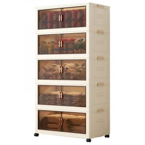WeValley Armoire de rangement pliante en plastique, 5 cases, Porte transparente, Avec roulettes