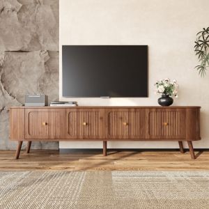 Meuble TV moderne 180 cm, Buffet bas de salon, Support TV avec 4 portes et poign&eacute;es dor&eacute;es, Design scandinave aux bords arrondis, 180 x 38 x 47 cm,