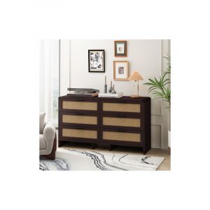 Commode en rotin, commode haut 130cm, 6 tiroirs, coin incurv&eacute;, panneaux de particules, pour chambre, salon, marron rouge&acirc;tre