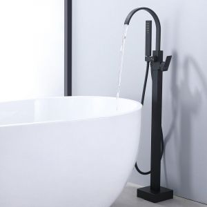 Mitigeur de Baignoire sur Pied Noir en Laiton, Bec Cascade Pivotant 360&deg;, Double Sortie (Bec + Douchette), Mitigeur Monocommande R&eacute;glable