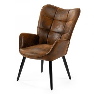 Meubles Cosy - Fauteuil avec revêtement en tissu marron, structure dossier en métal, assise en contreplaqué et pieds en acier noir de style scandinave