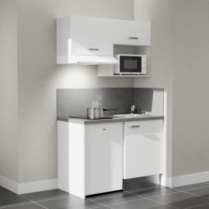 Cuisibane - Kitchenette K02L-PT - 120 cm avec plan de travail et évier - emplacements frigo, hotte et micro-ondes - Façade Blanc - Plan Gris béton