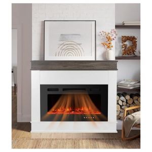 Cheminée électrique encastrée noire de 76 cm avec manteau de cheminée en placage de bois, température et flamme réglables, chêne rustique / blanc