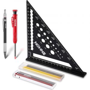 GROOFOO Equerre Menuisier, &Eacute;querre Charpentier Multifonction 180 mm [Crayon Chantier + 18 Mines] Metal, R&egrave;gle de Menuisier Regle Trusquin Rapporteur