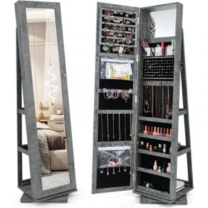 COSTWAY Armoire &agrave; Bijoux Pivotante &agrave; 360 Degr&eacute;s, Organisateur de Bijoux sur Pieds, avec Grand Miroir Psych&eacute; et Etag&egrave;re de Rangement &agrave; L'Arri&egrave;re (Gris