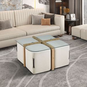 Table basse carrée de 90x90x45cm avec 4 poufs en tissu