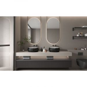 Meje - vier en relief de 44,9 x 37,9 x 17,8 cm avec vernis noir, évier de salle de bain au-dessus du comptoir, lavabo en porcelaine et céramique,