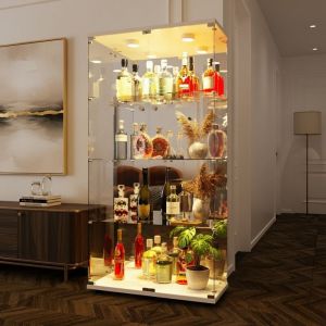 Vitrine d'Exposition Blanc avec Fond Miroir et &Eacute;clairage LED - Argentier Design en Verre Tremp&eacute; - 4 &Eacute;tag&egrave;res et Porte avec Serrure