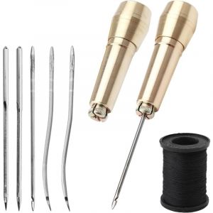 Lot de 2 Al&ecirc;nes &agrave; Coudre pour Cuir Al&egrave;ne de Cordonnier en Cuir Couture Cuir avec 2 Poign&eacute;es en Laiton, 2 Aiguilles Droites, 2 Aiguilles Courbes, 2
