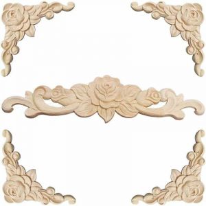 Moulure Decorative Bois 5 Pi&egrave;ces Sculpture Bois Moulure D&eacute;corative Bois Applique Moulure Rosace Decorative Floral Bois Sculpte Decal Sculpt&eacute; d'angle