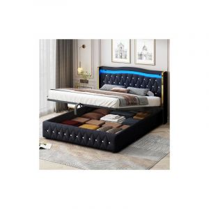 Lit coffre 160x200 cm lit adulte avec éclairage led télécommandé, décor diamant clair, velours, sans matelas, noir