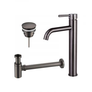 FugaFlow Eccelente Sobrado Kit mitigeur lavabo - robinet rehaussé - bonde clic clac - siphon design bas - PVD Gunmetal